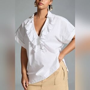 Anthropologie Pilcro White Short-Sleeve V-Neck Ruffled Blouse Shirt Tunic XL